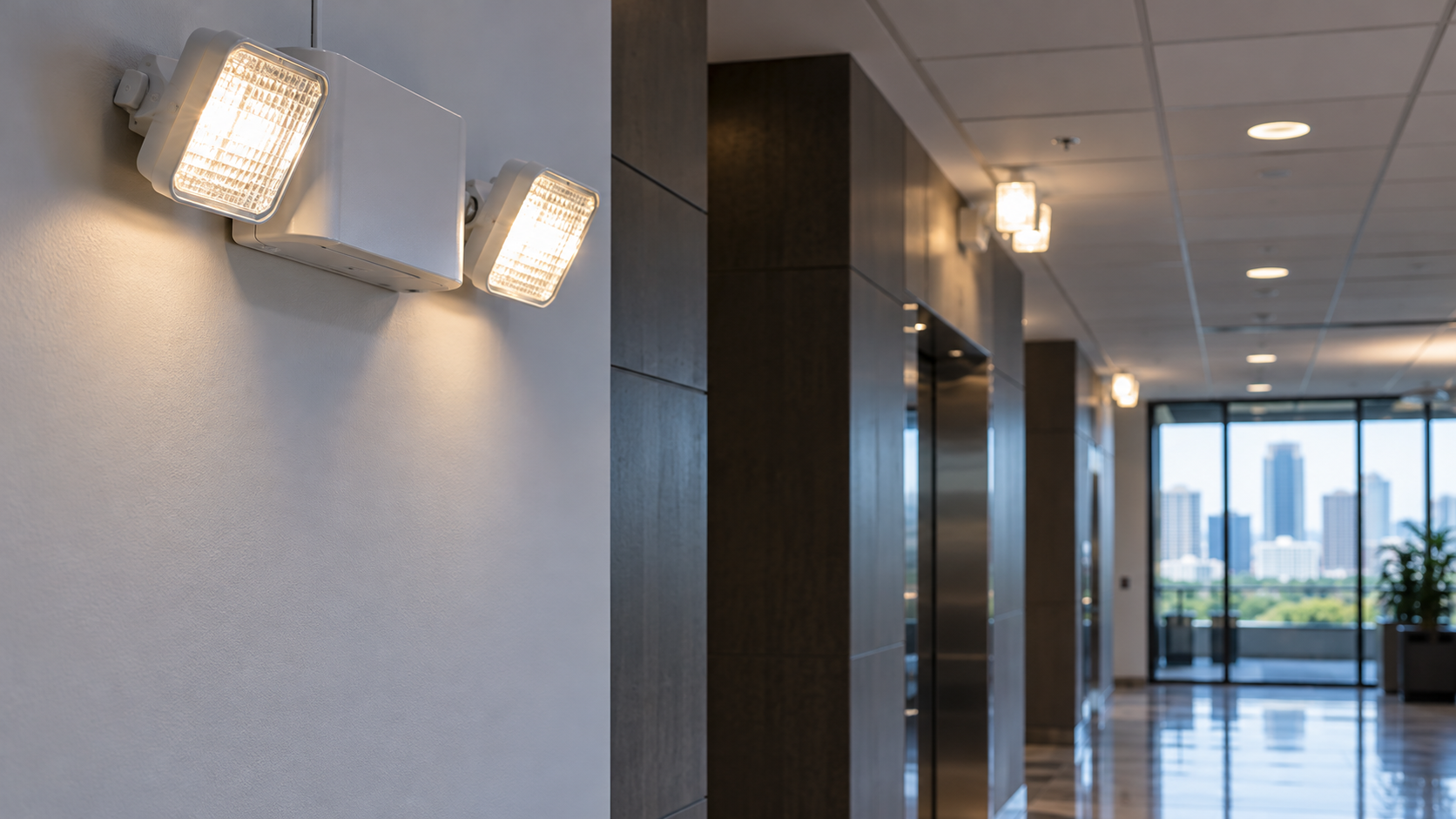 Commercial emergency LED lighting installed in an interior building corridor