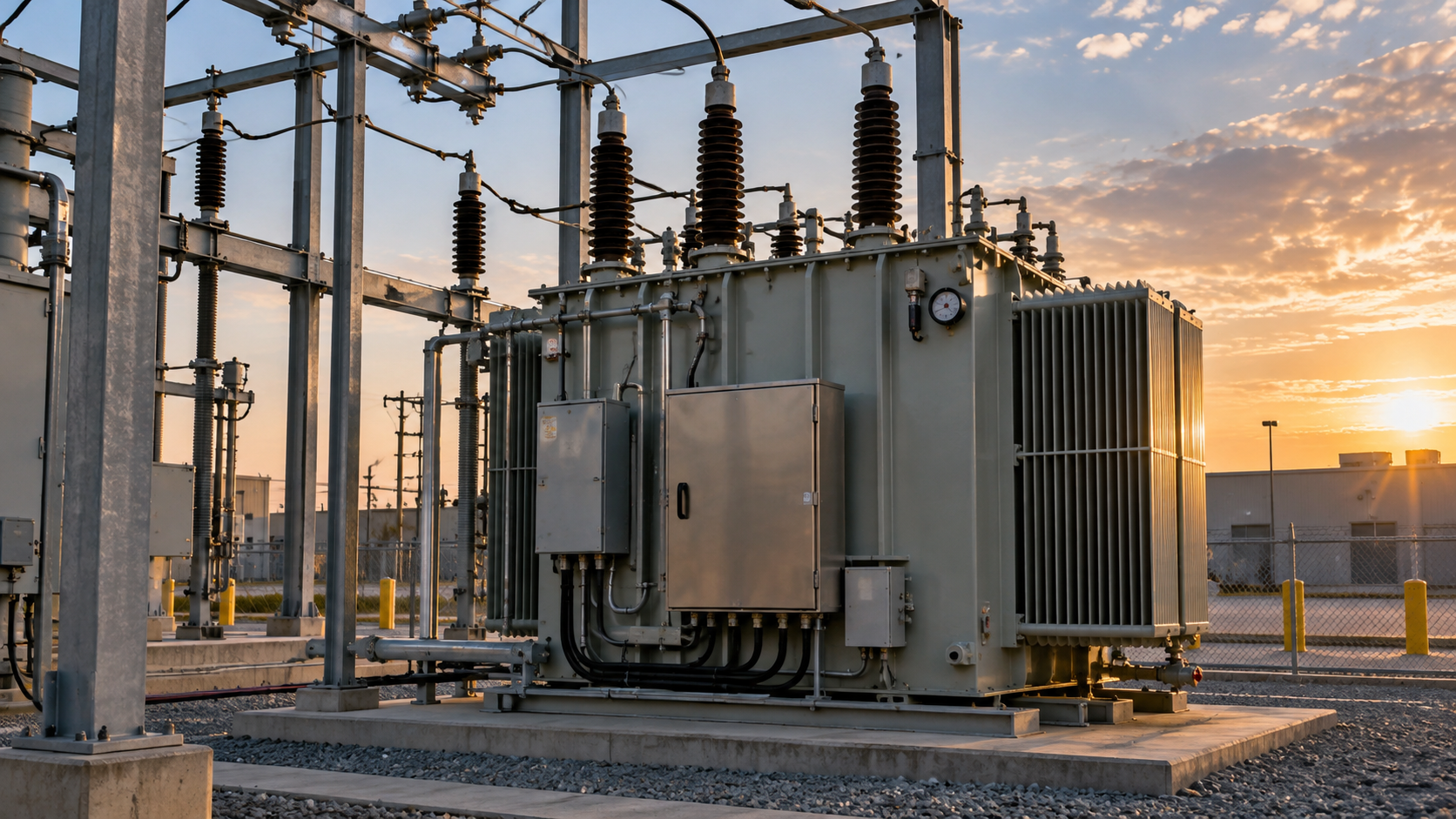 Outdoor industrial electrical power transformer and supporting electrical infrastructure
