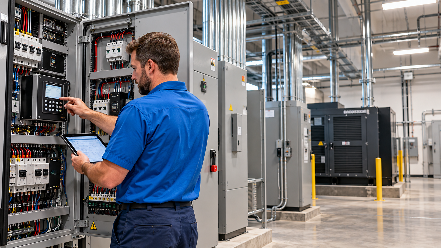 Industrial electrical technician monitoring a facility equipment control panel