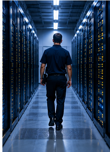 Technician walking through a data center server aisle